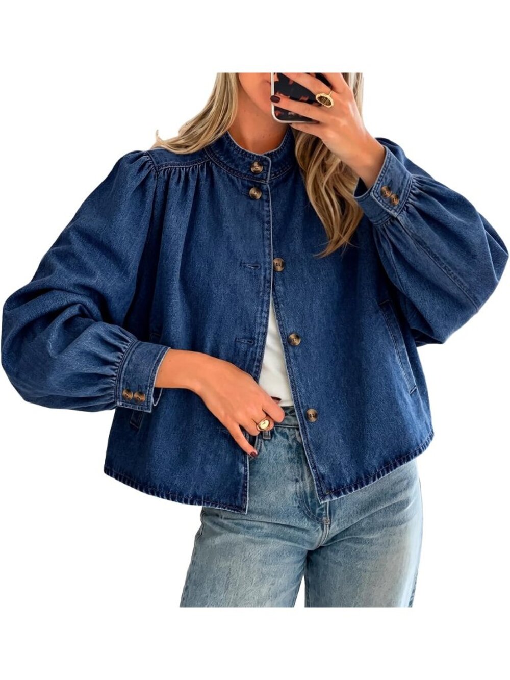 Women’s Navy Puff Sleeve Stand Collar Button Down Loose Fit Jean Jacket